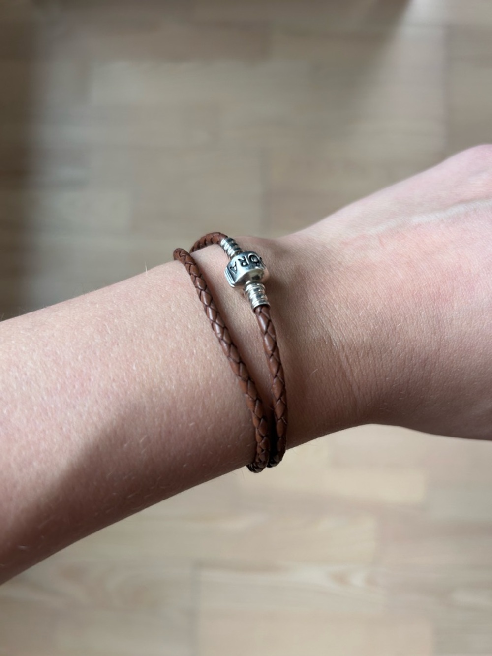 Pandora Jewelry Brown Braided Leather Double Wrap Bracelet with Silver Clasp